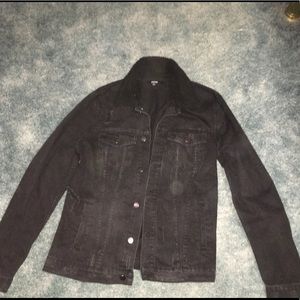 Sherpa collar black denim jacket with distressing